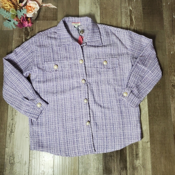 NWT Andree by Unit Boutique Cotton Shacket Size Medium Purple Plaid Tweed Jacket - Picture 9 of 17